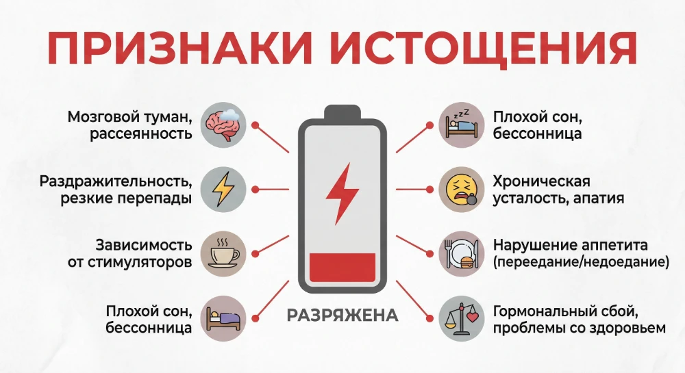 Инфографика с чек-листом симптомов выгорания: как понять, что организму срочно нужен отдых.