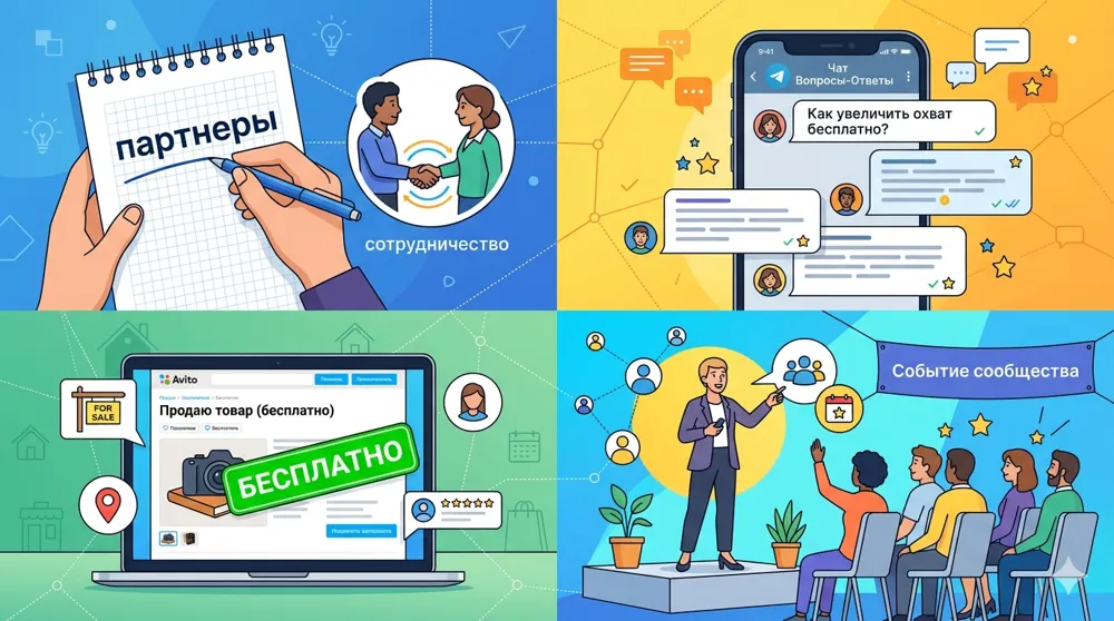 Семь бесплатных каналов чтобы найти первых клиентов без бюджета — партнерства Telegram Avito и живые встречи в одной иллюстрации