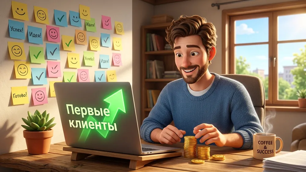 Предприниматель получил первых клиентов без бюджета: ноутбук с зеленым графиком роста и монеты на столе уютная атмосфера успеха